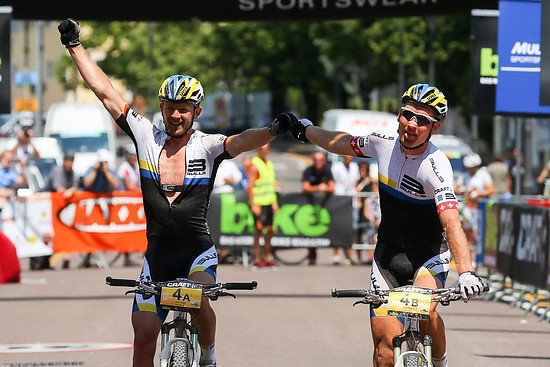 Stage Winners Karl Platt  GER  and Urs Huber  GER  of Team Bulls 1 Finish Craft BIKE transalp powered by Sigma 2013 Stage 7 Crespano-Rovereto  118