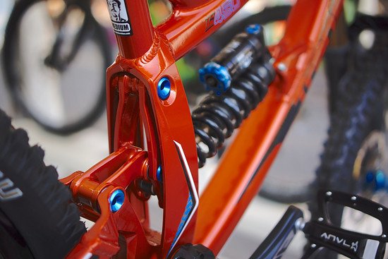 Hier geht's ab: Geometrieverstellung durch Exzenter, Federweg durch Umhängen des Dämpfers