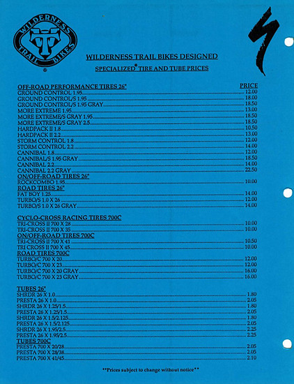 WTB - Designed Specialized Tire Price List 1993