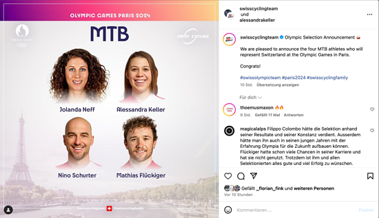 Auf Instagram hat der Schweizer Radsportverband am Sonntagabend die Selektion für die Olympischen Spiele in Paris bekannt gegeben.