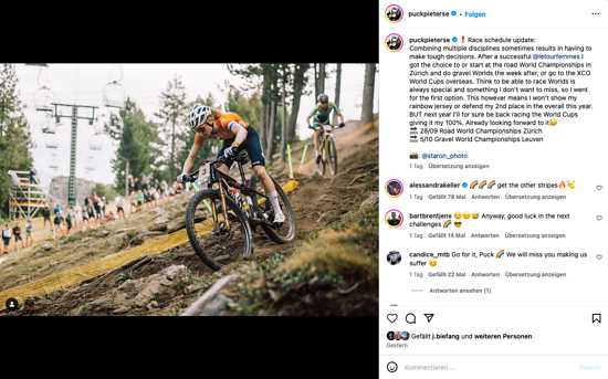 Auf Instagram hat Puck Pieterse bekanntgegeben, dass sie die beiden letzten Mountainbike-Weltcuprennen auslassen wird.